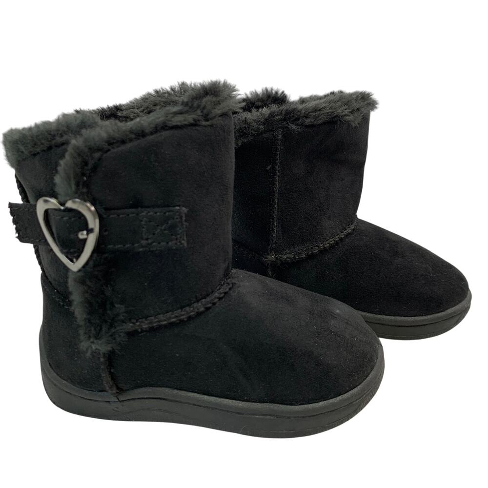 Garanimals Girls Black Faux Suede Fur Lined Mid Calf Boots Toddler Sz 4 Heart